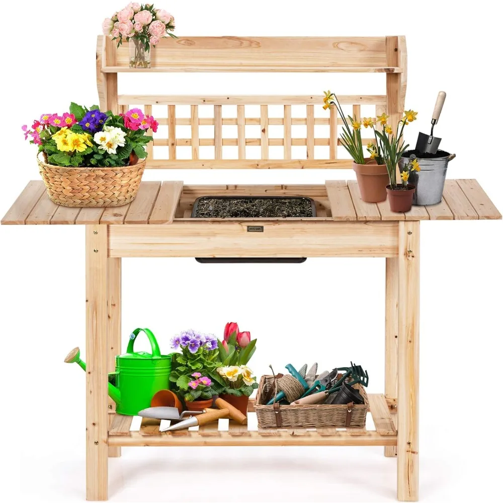 Outdoor Garden Table with Sliding Tabletop, Removable Sink, Storage Shelves, Planter Potting Station, Wooden Workstation Table