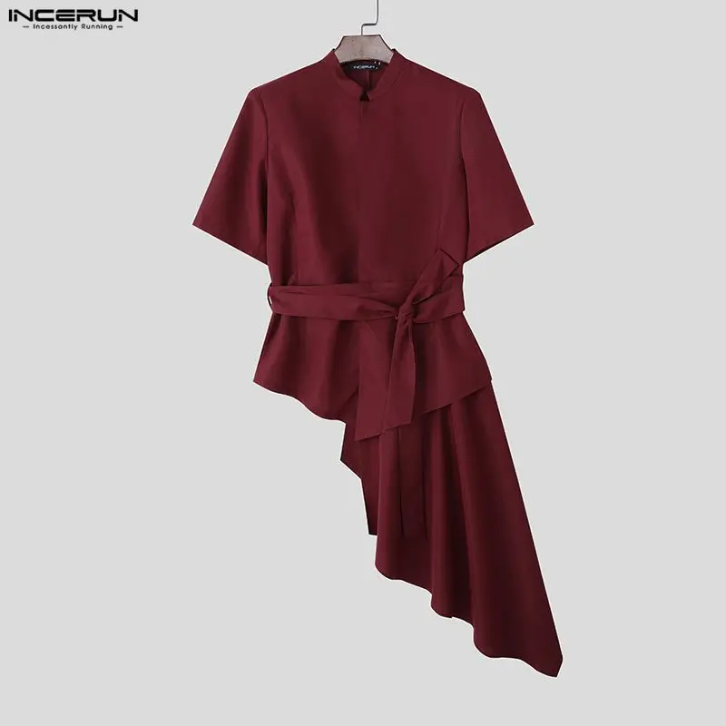 

INCERUN Men Irregular Blazer Solid Color Stand Collar Short Sleeve Male Suit With Belt Streetwear Fashion Casual Thin Coats 2026