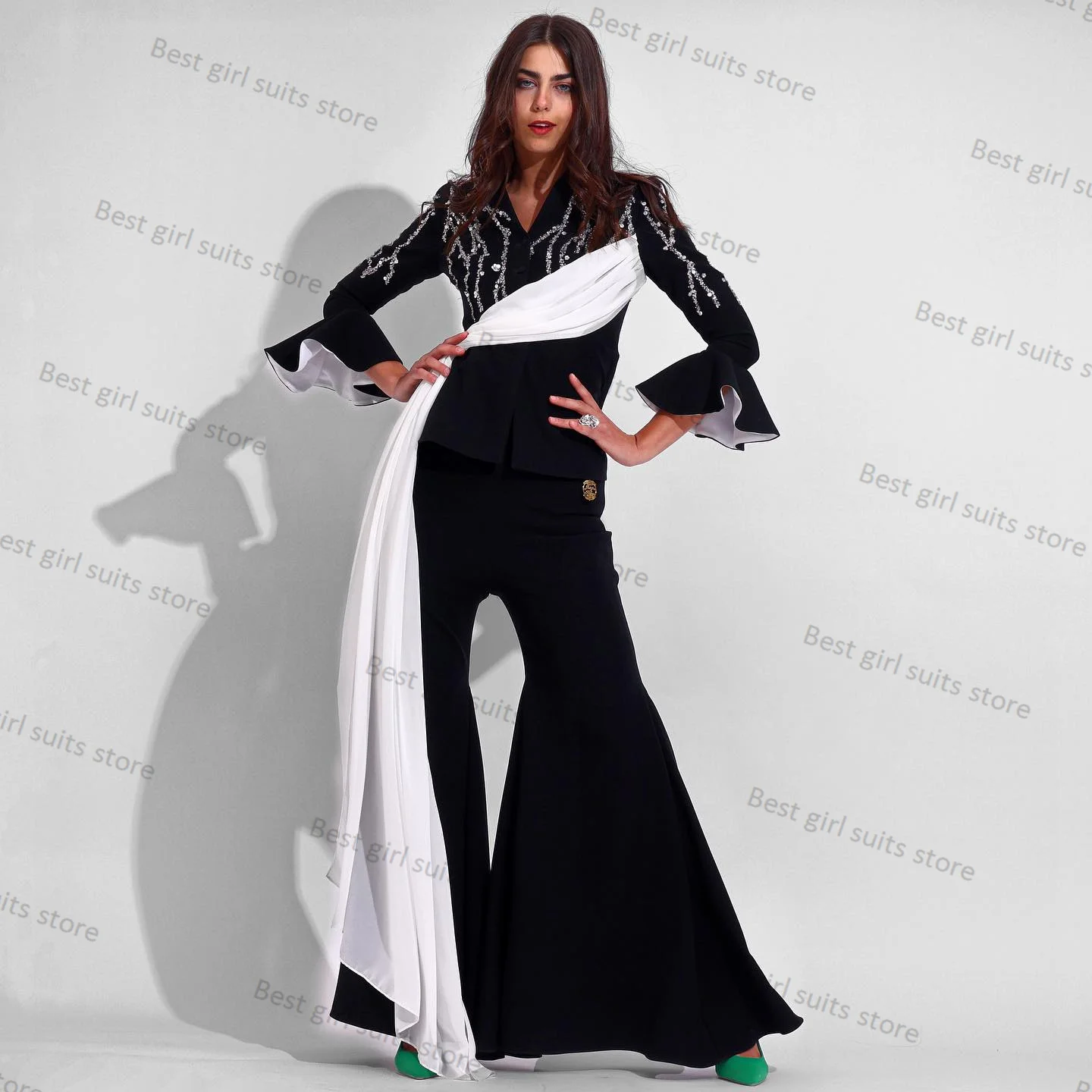 White Black Crystal Belt Women Suits Set 2 Piece Blazer+Flare Pants Formal Office Lady Prom Jacket Custom Made Cotton Prom Coat