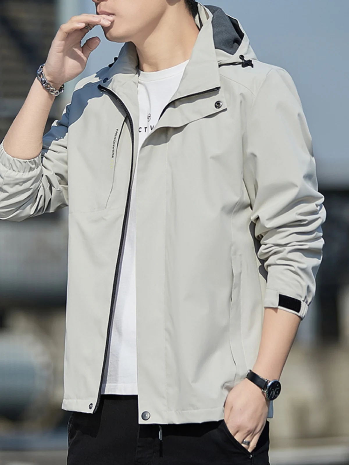 

Detachable Hood Jaet Men's Spring Autumn Casual Faion Windproof Thin Outerwear Youth Polyester Fiber Stand Fit