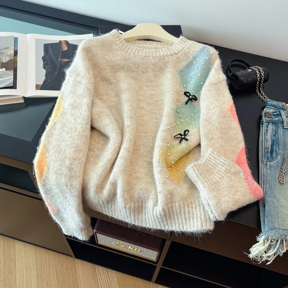 

Women Apricot O-Neck Knit Pullover Bow Sweater 2000s Vintage Korean Jumper Knit Long Sleeves Cashmere Sweater Autumn Winter 2025