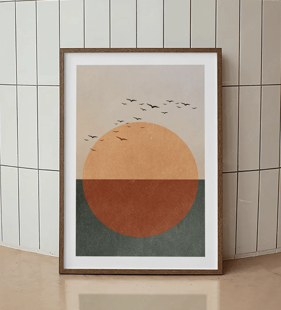 Boho Abstract Sunset Wall Art Canvas Prints, Sun Bird Posters, Earth Tone Decor for Living Room Bedroom Gallery Wall Decor