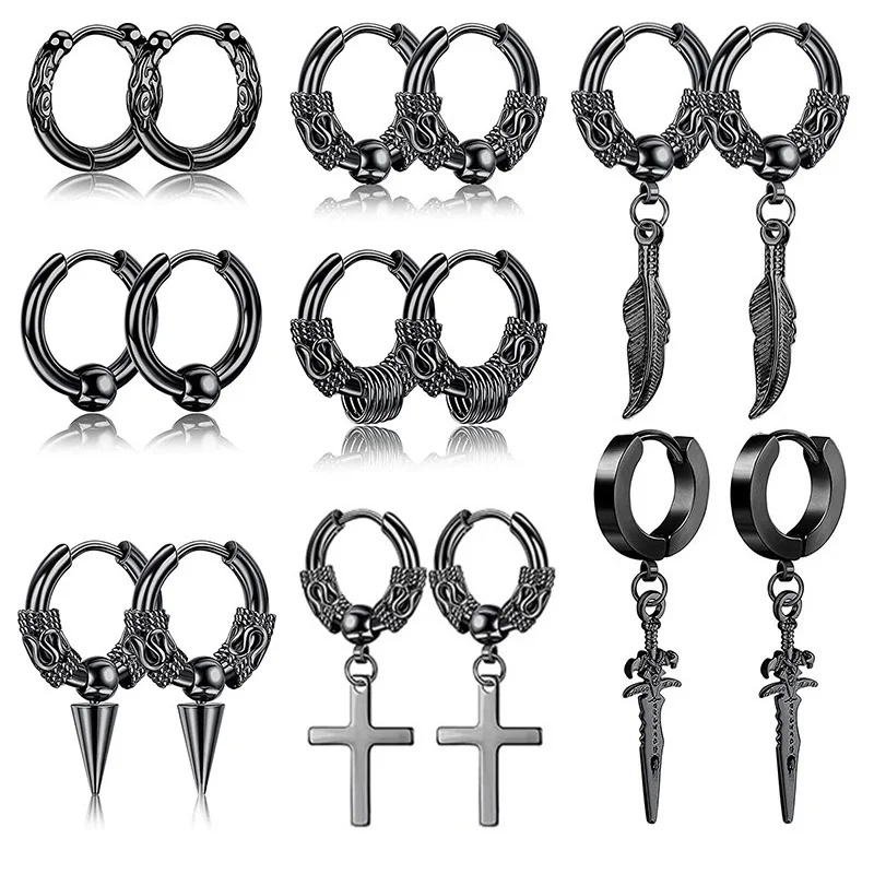 New Pop Punk Dragon Totem Cross Pendant Earrings for Men/Women Stainless Steel Vintage Gothic Cool Party Jewelry