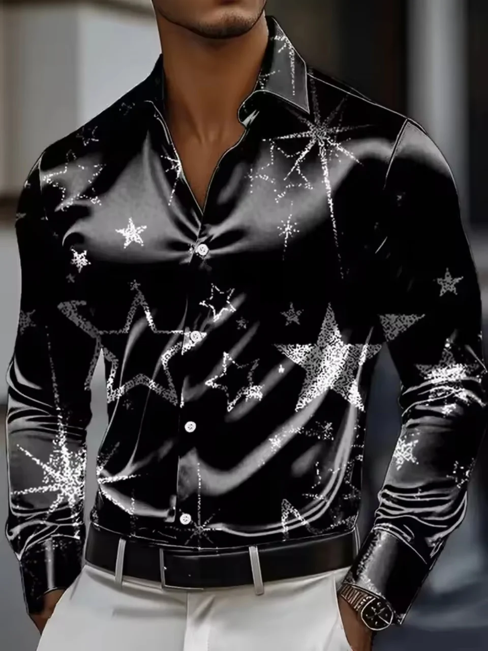 Men's Long Sleeved Shirt 3D Retro Chain Printed Satin Comfortable Fabric Outdoor Street Long Sleeved Button Fashion Street Style