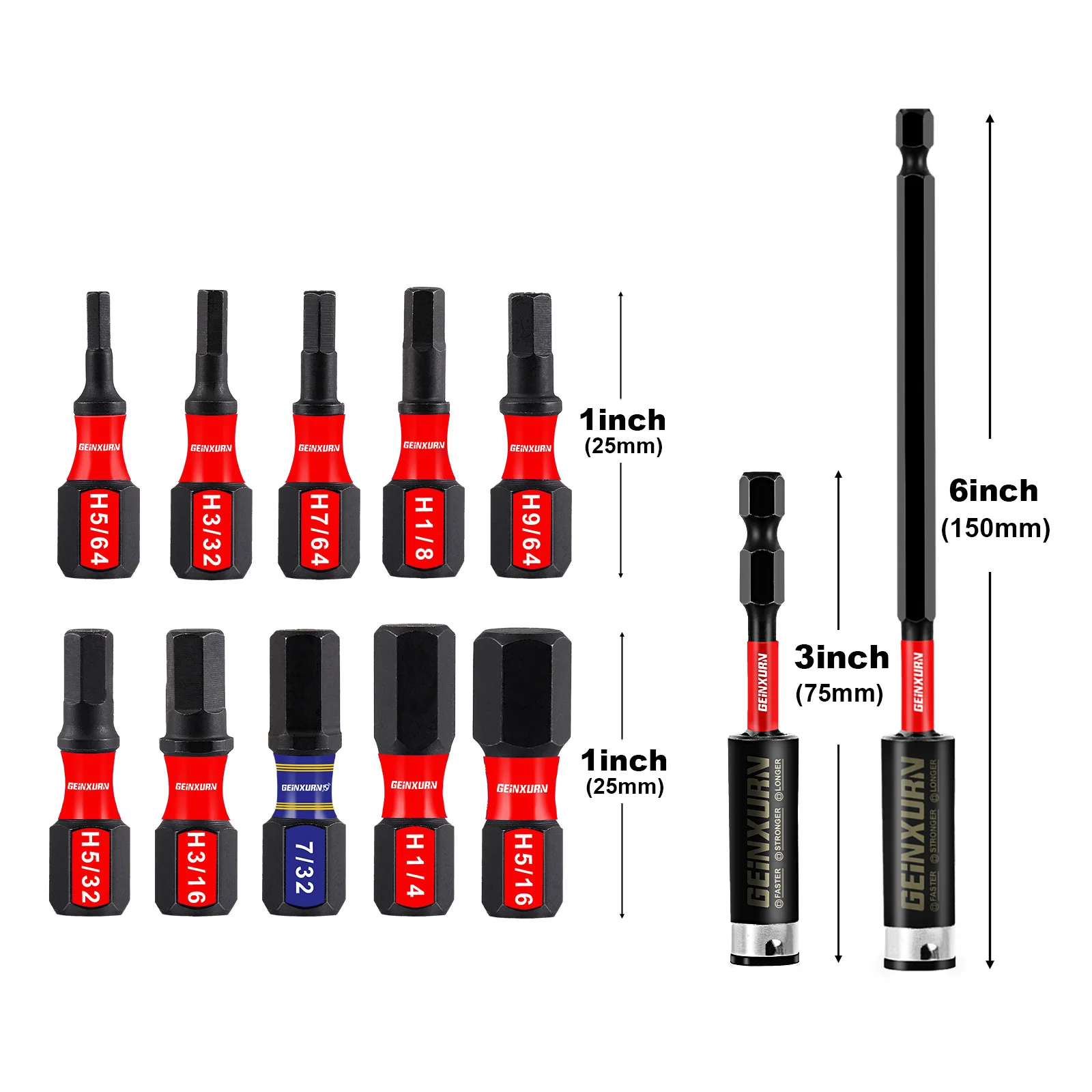 Geinxurn 1 inches Multi Hex Head SAE Insert Bits Set ,S2 Steel Hex Screwdriver Bit set with Extension Bit Holder