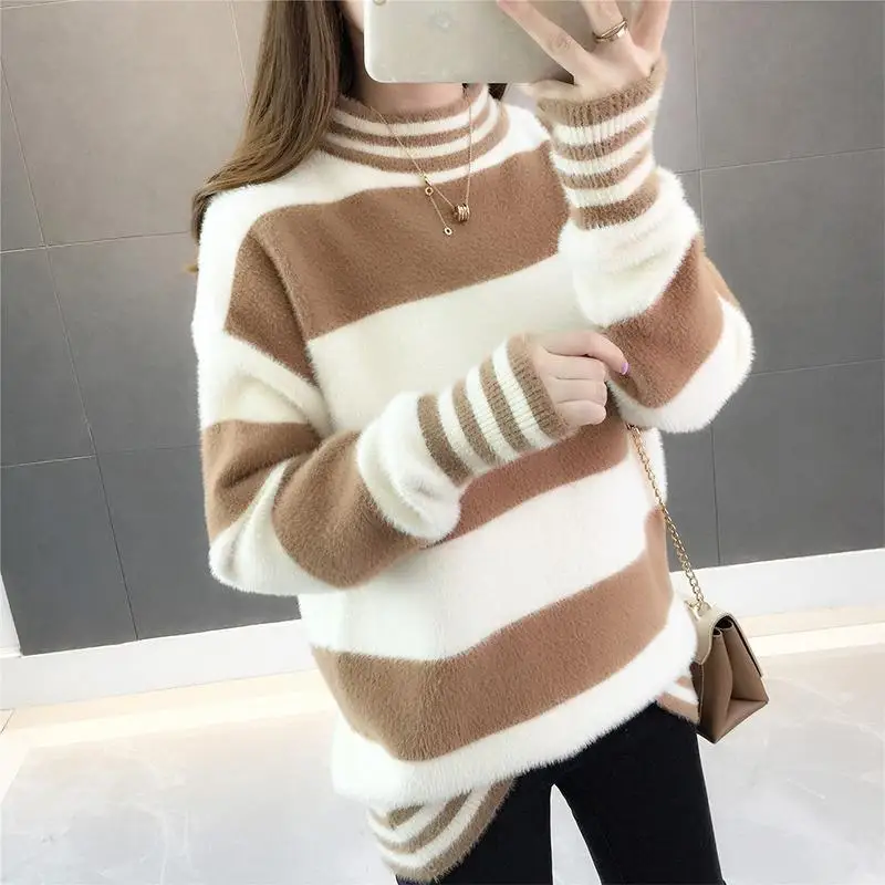 Fashion Half High Collar Striped Loose Casual Sweaters Female Clothing 2023 Autumn Winter New All-match Pullovers Korean Tops