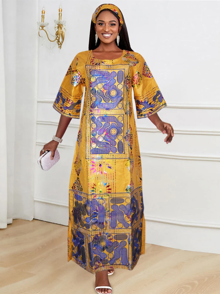 African Women Plus Size 3XL 4XL Dress Traditional Bazin Dresses Elegant Wedding Party Evening Gown Maxi Robe Nigerian Turban