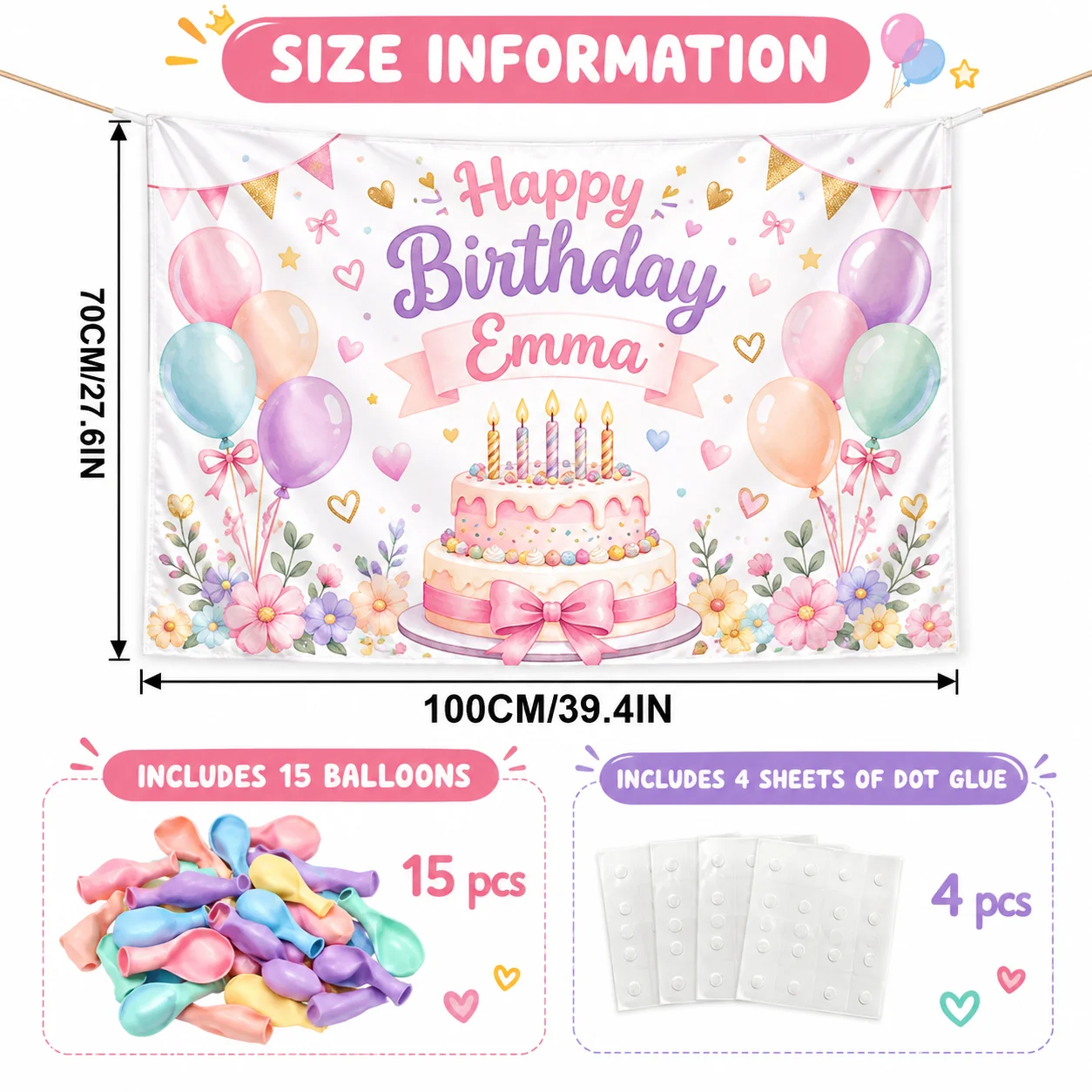 Custom Bag Pattern Drawstring Backdrop with 15 Balloons and 4 Sheets Glue Dots Custom Party Background Decoration for Birthday