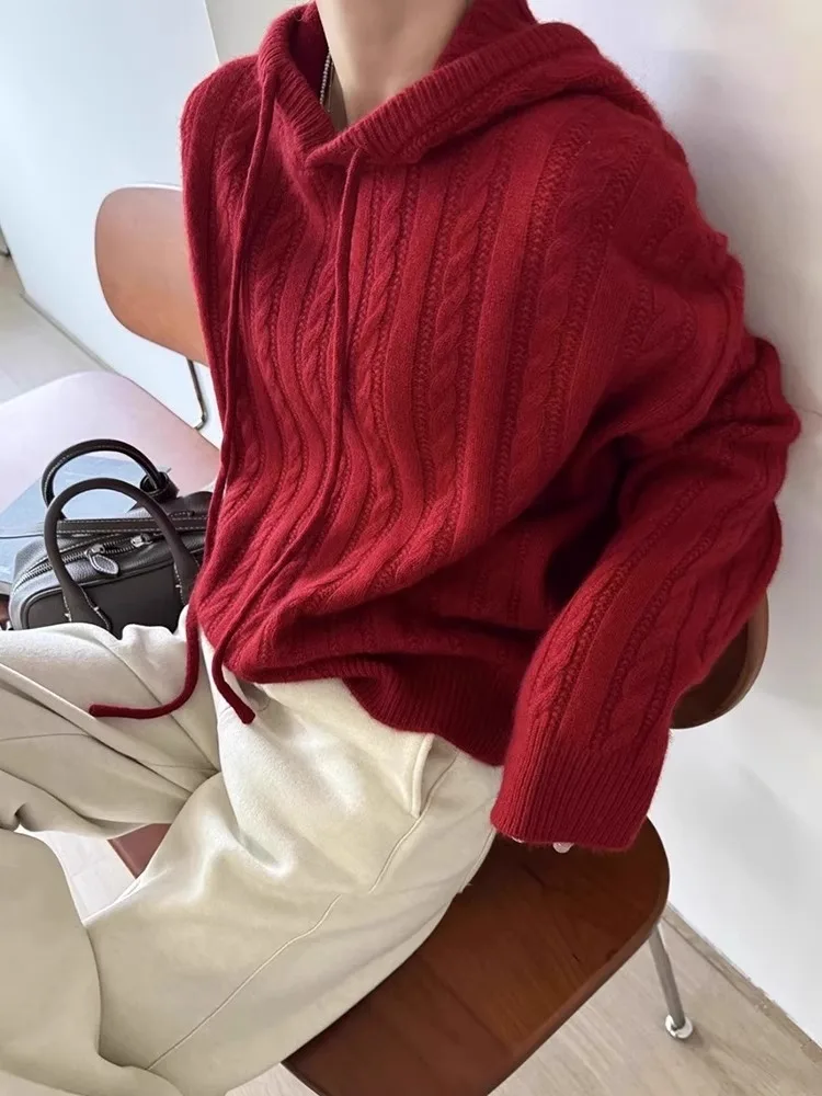 Women's Knitted Hat Sweater Drawstring Cabled Neckloose Style Casual Vintage Knitwear Comfortable Loose Fit Overhead Top