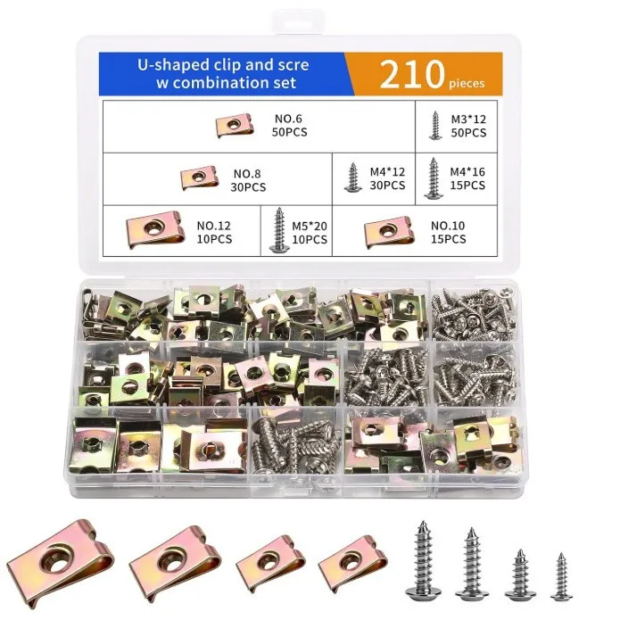 210pcs Automotive U Clips and Screws Set Zinc Plated Metal Fasteners NO.6 NO.8 NO.10 M3x12 for Car Panel Fixing