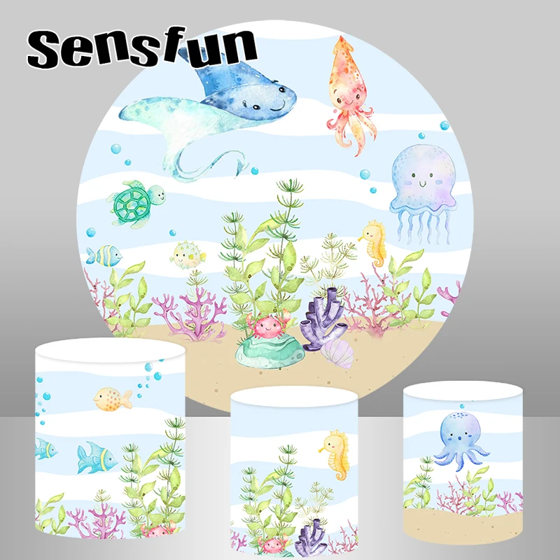 

Under The Sea Round Backdrop Cover Aquatic Plants Coral Fish Kids 1st Birthday Party Background Table Banner Plinth Covers