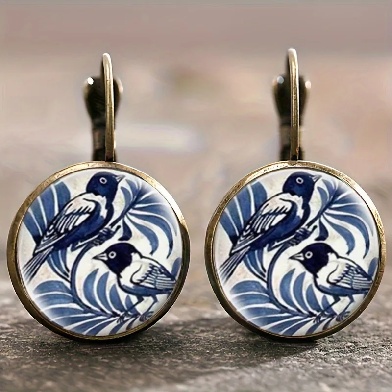 Vintage Blue Magpie Bird Earrings Retro Round Antique Bronze Glass Dome Earrings For Women