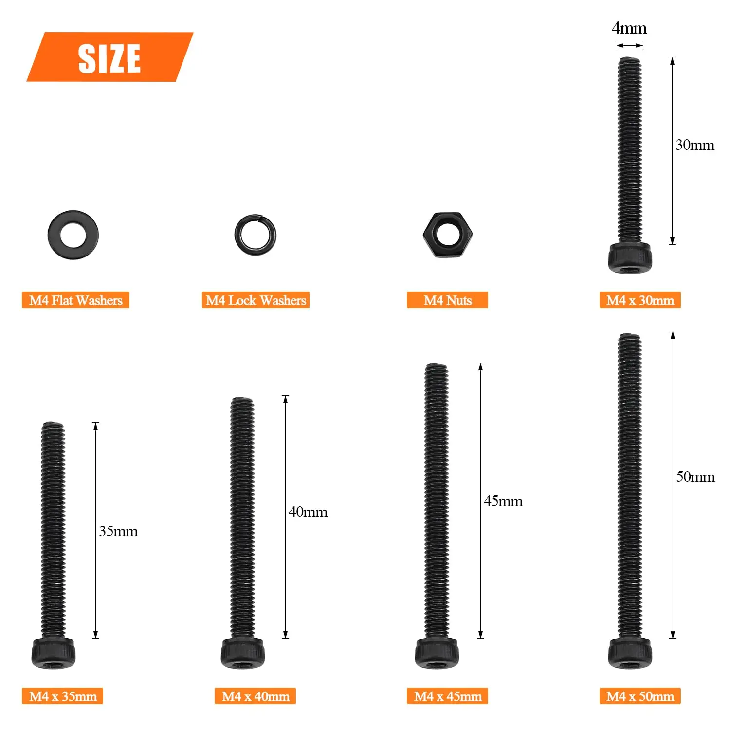 200 قطعة من M4 x 30 مللي متر/35 مللي متر/40 مللي متر/45 مللي متر/50 مللي متر مسدس مجموعة مقابس مسامير البراغي غسالات المكسرات أطقم ، الصف 12.9 سبائك الصلب ، thr بالكامل