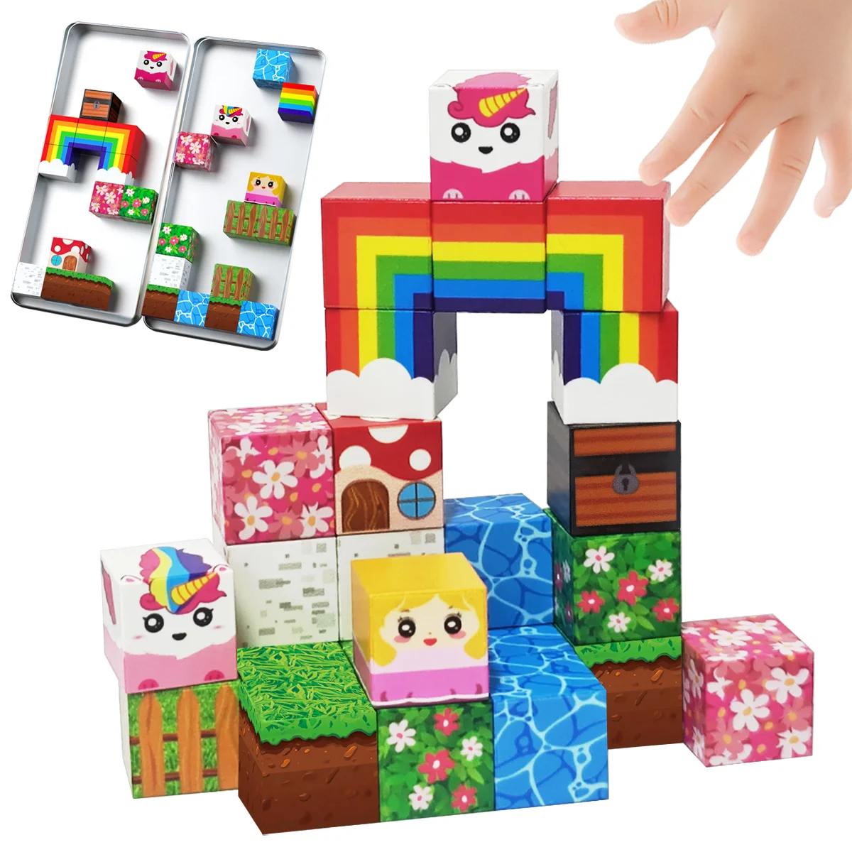 Regenbogen-Einhorn-Magnetblock-Set, magnetisches Bauspielzeug, magnetisches Würfel-Stapelspielzeug, Weihnachts- und Halloween-Geschenke
