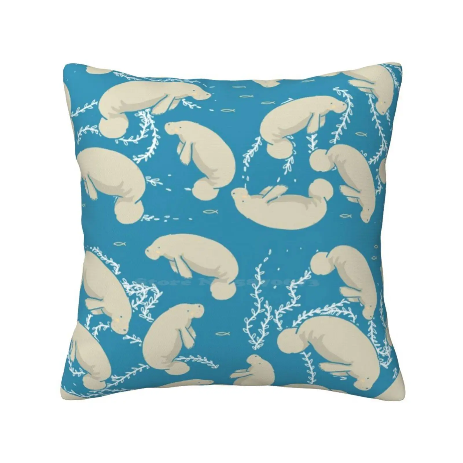 Lamentino The Manatee Pattern-Lots And Lots Of Manatees On Teal Blue Background With Yellow Fishes And Seaweeds Funny Cute