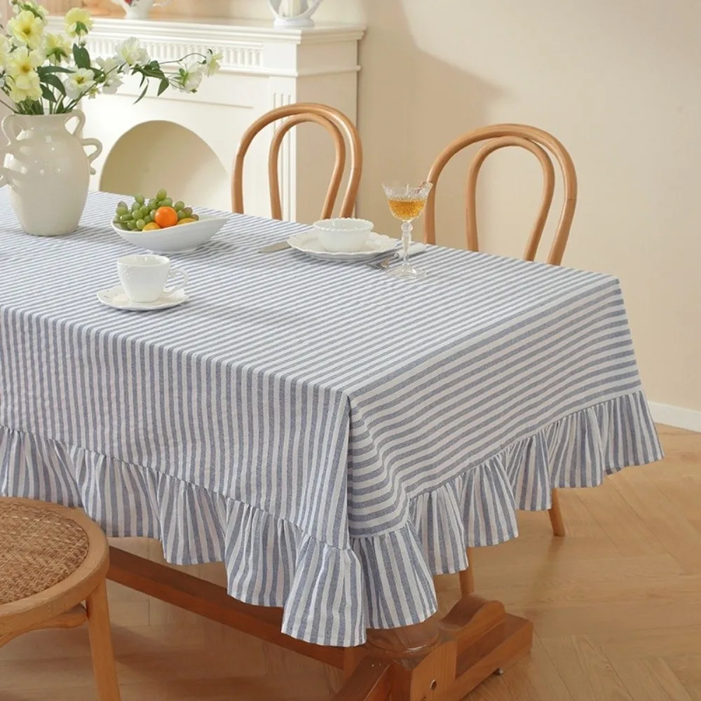Vertical Striped Table Cover Ruffle Trim Wrinkle-Resistant Farmhouse Tablecloth Washable Rectangular Tablecloth Dining Party