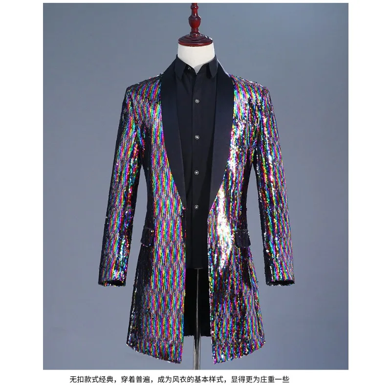 الرجال دعوى ملهى ليلي بار رئيس طويل تلون سترة واقية الوجه الملونة الترتر DJ المغني ازياء السترة للرجال