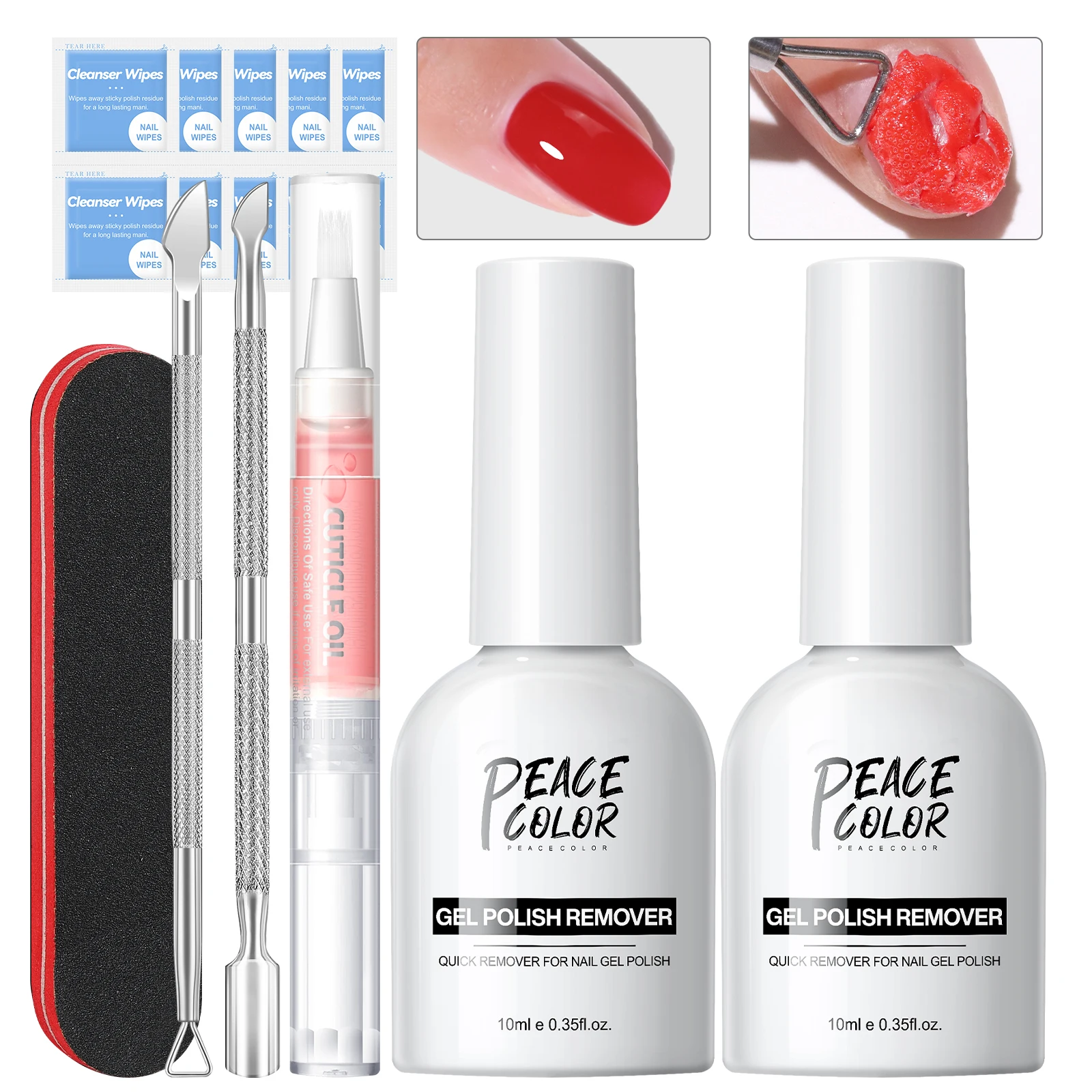 

Peacecolor 10ML Nail Gel Polish Remover Kit 7PCS with Cuticle Oil Nail Tools Glass Bottle, Beginners Home Nail Manicure Gift