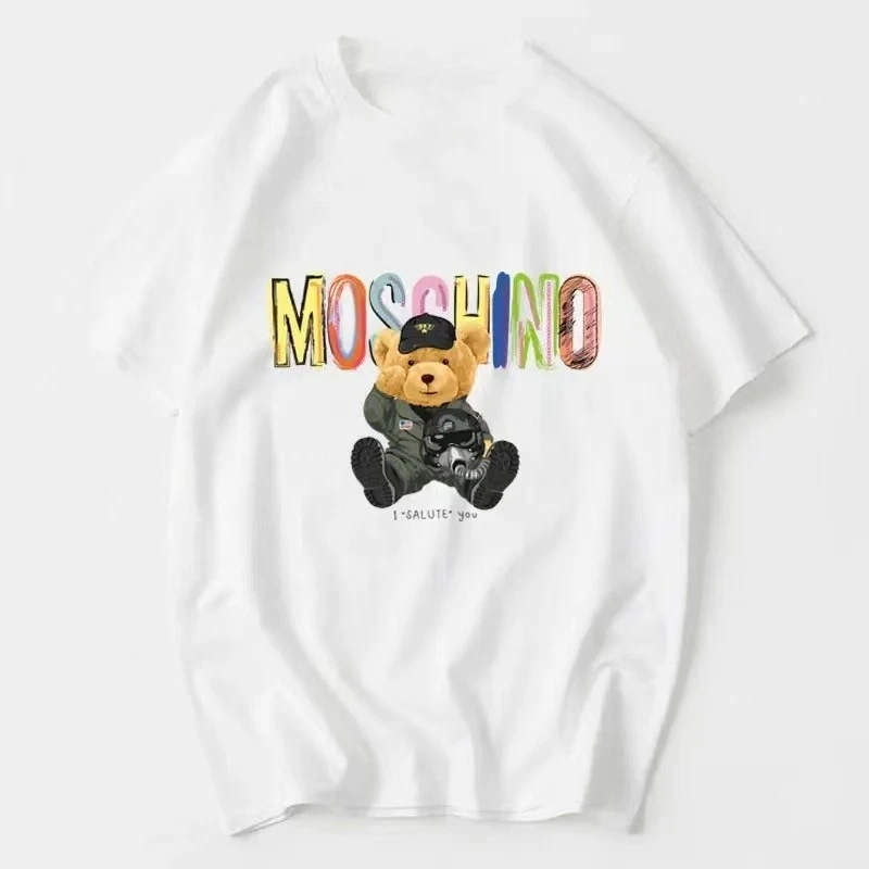 Fashion Bear Print Summer High-Quality Cotton Quick-Drying Loose Short-Sleeved Men's and Women's T-Shirt