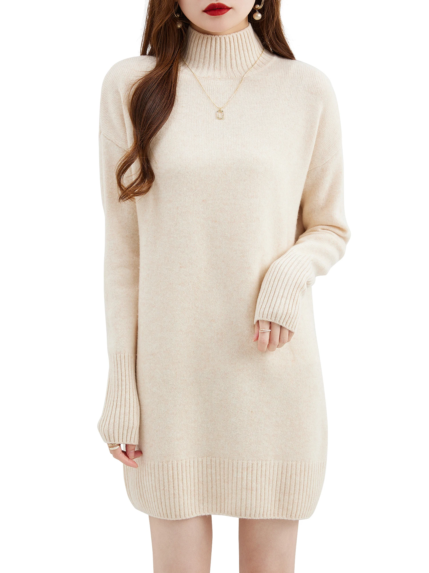 Turtleneck Sweater Women\'s Pullovers 100% Merino Wool Long Sweater Dress Fall Winter Warm Long Sleeve Knit Jumper Female Dresses