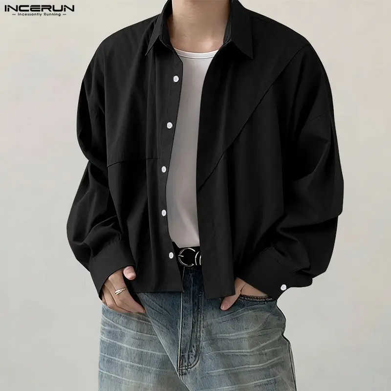 INCERUN 남성 셔츠 솔리드 컬러 라펠 긴 소매 버튼 루즈 크롭 탑 남성 스트리트웨어 한국 스타일 패션 캐주얼 남성 의류