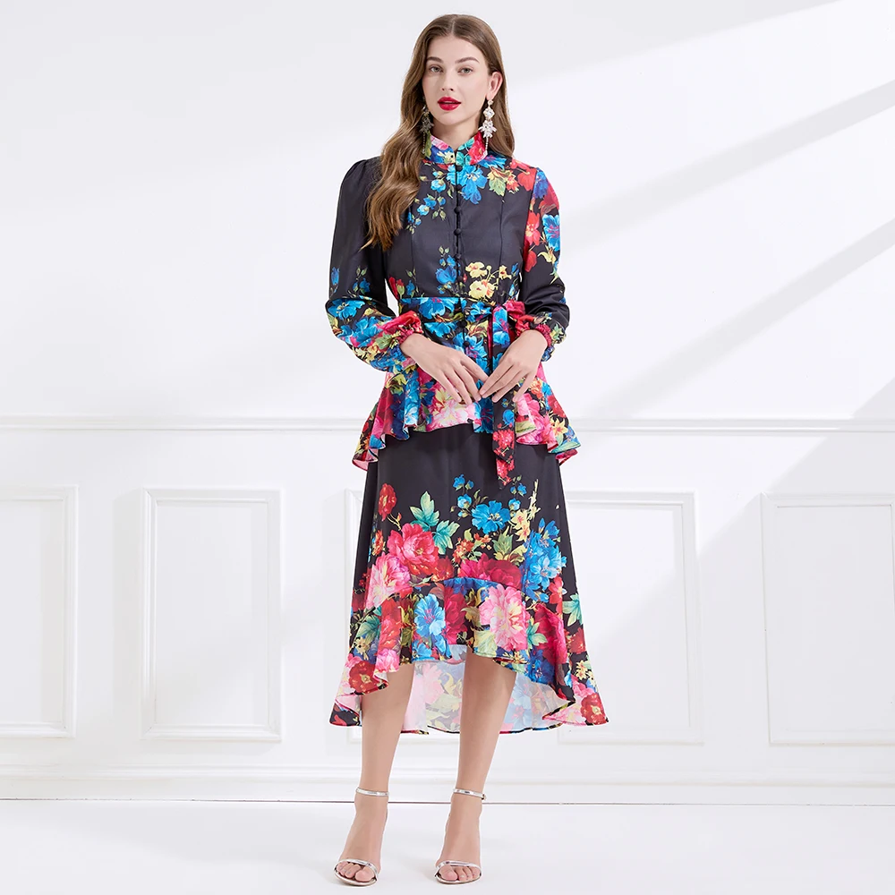 

Summer Holiday Gorgeous Floral Ruffle Dress Women's Long Sleeve Stand Collar Flower Print Buttons Sashes Bohemain Robe Vestidos