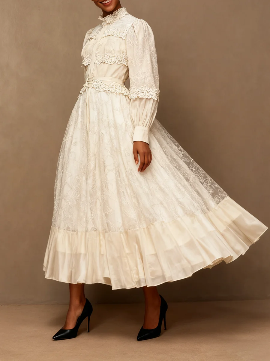 VGH فستان الأميرة خمر مزاجه للنساء الوقوف طوق فانوس كم عالية الخصر تقسم بقماش شفاف فساتين الدانتيل الإناث #3