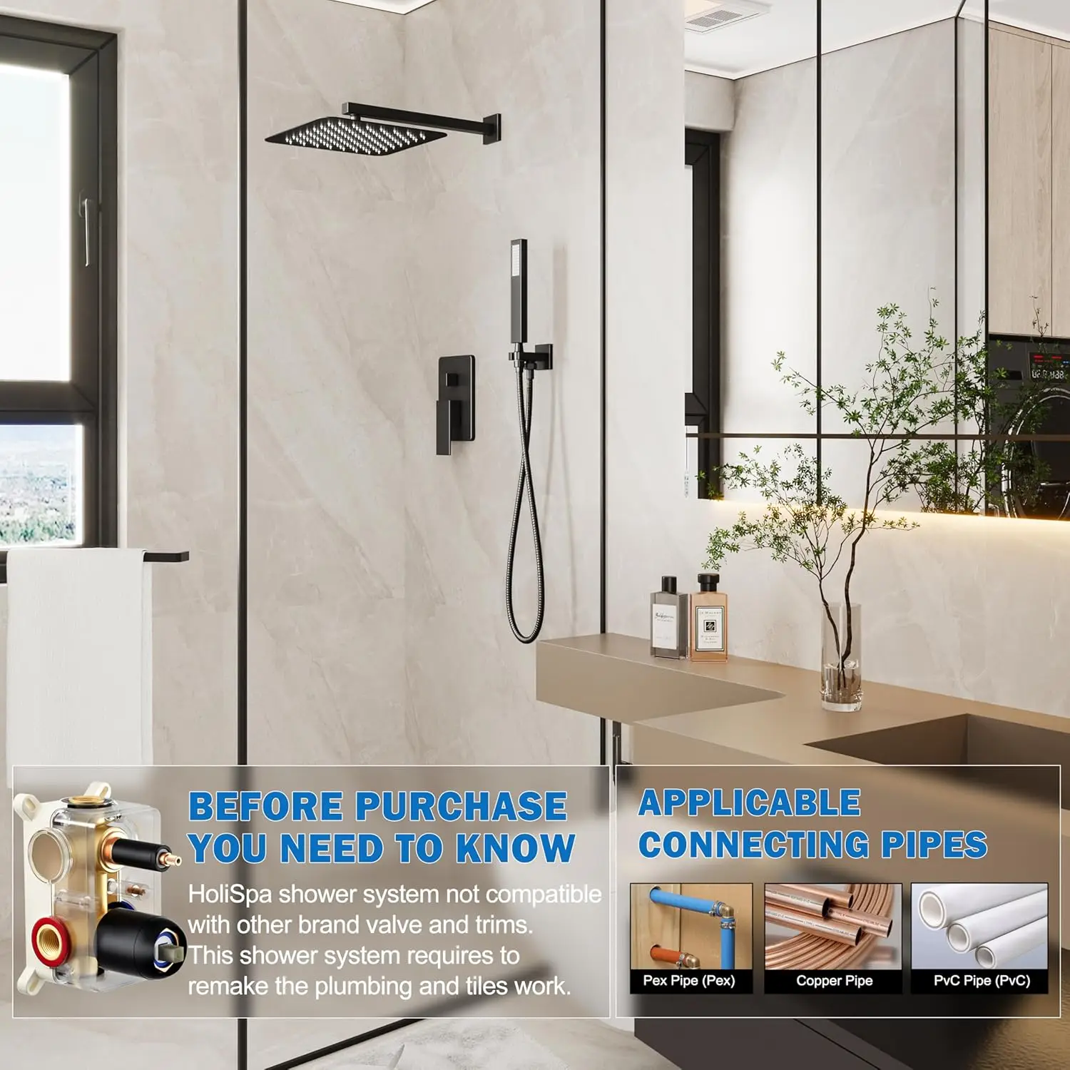 Matte Black Shower System with 10-Inch Rain Head and Handheld Spray, High-Pressure Wall Mounted Set