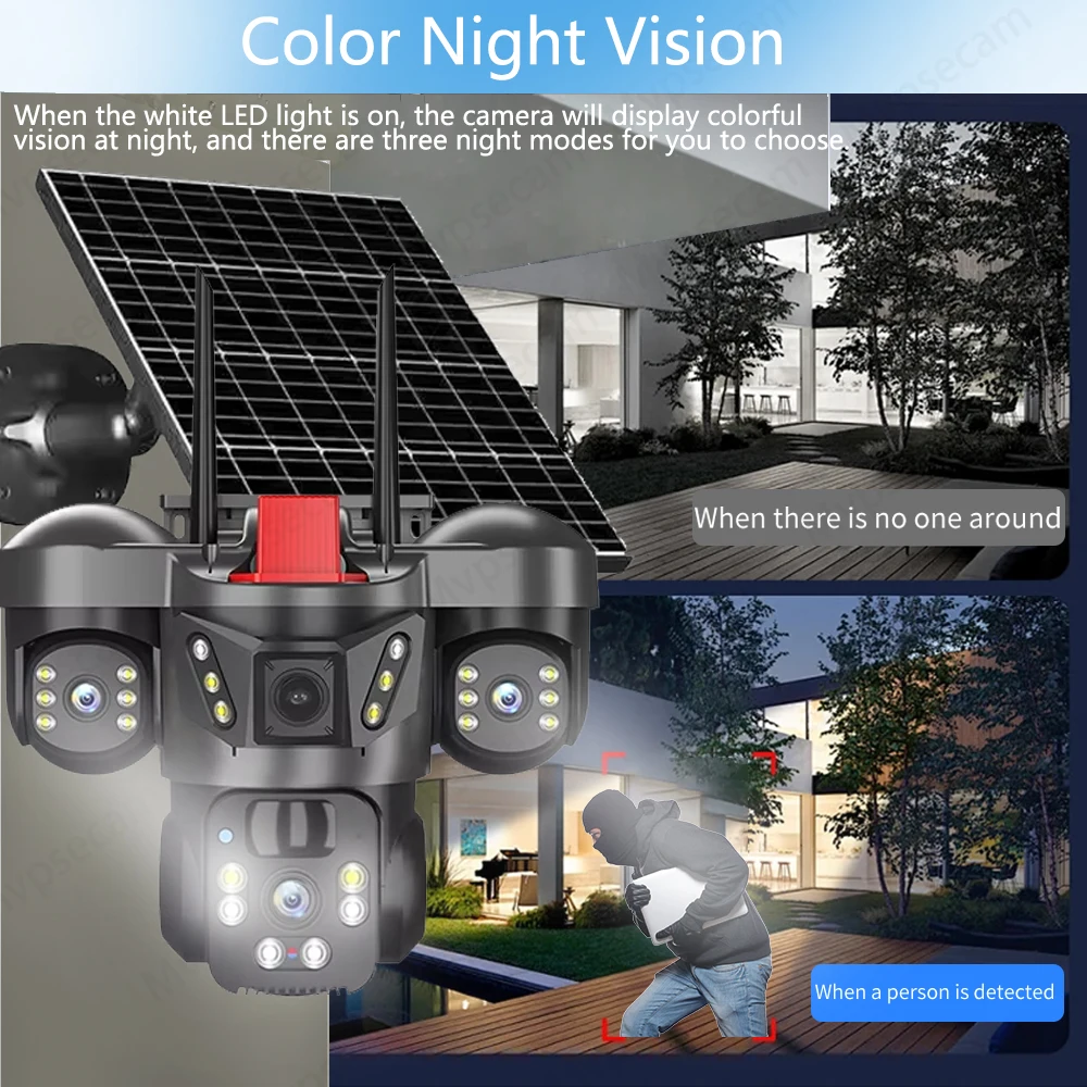 Three Lens Solar Camera 4G Sim Outdoor 15MP Three Screen WiFi PTZ Solaire Panel Cameras Color Night Vision Home IP Surveillance