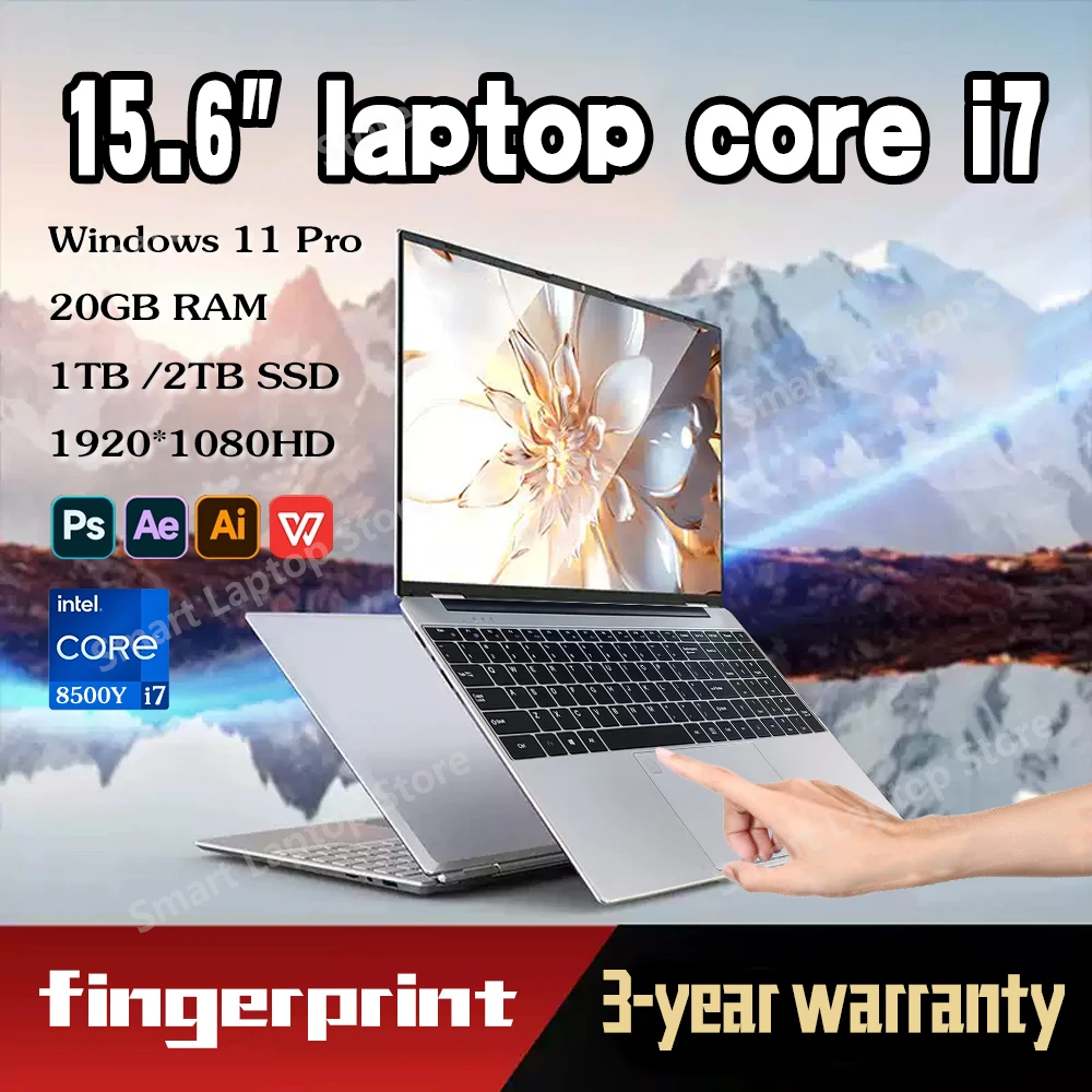 Portable Laptop Computer PC Windows 11 Intel Core i7 8500Y 15.6 Inch 20GB DDR 1TB SSD Office Laptops Fingerprint Unlock Notebook