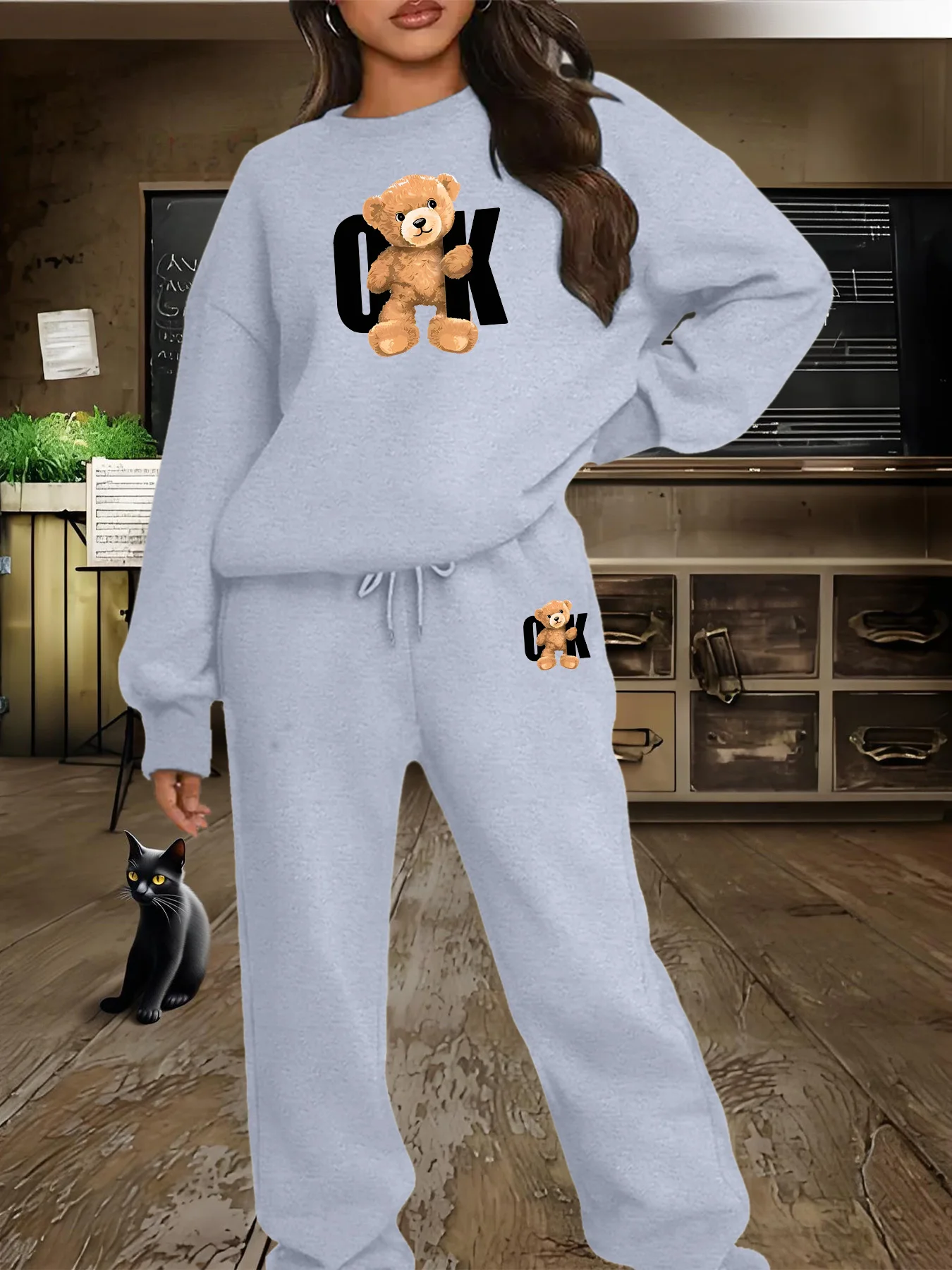 Sudadera de cuello redondo estampada a la moda urbana informal hip-hop de otoño e invierno para mujer + pantalones de chándal traje cálido