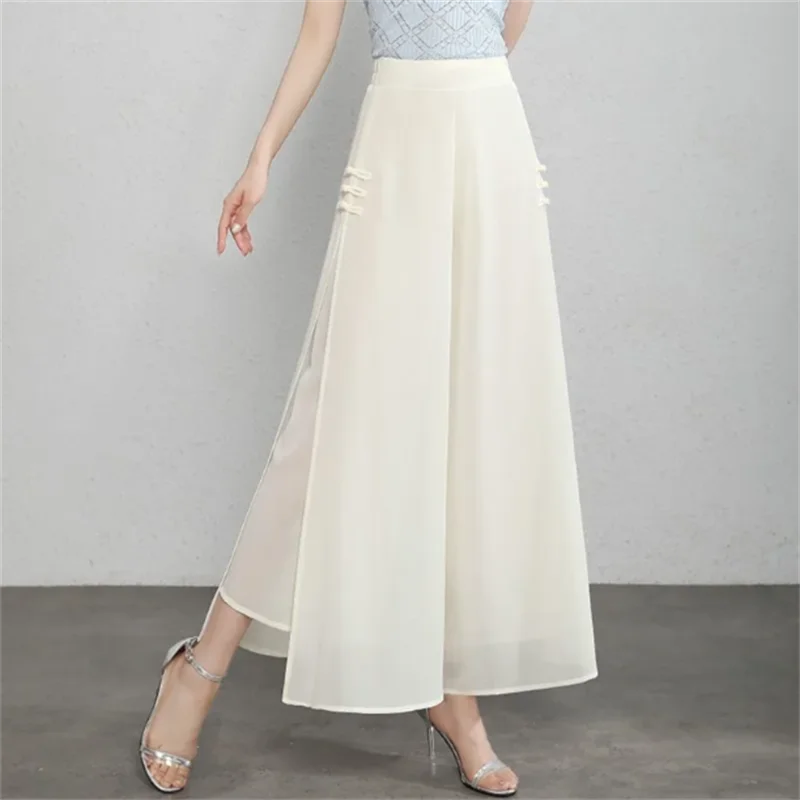 Chiffon Wide Leg Pants women's Split Skirt Pants Summer Thin Woman Clothes Pants High Waisted Retro Buckle Loose A-line Pants