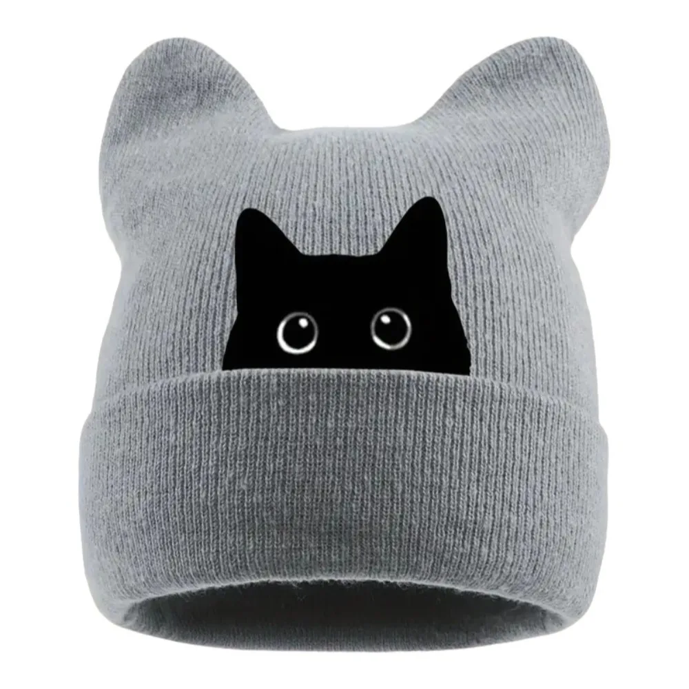 Casual Knit Cat Ear Beanie Hat Stretchable Punk Gothic Brimless Skull Cap Y2K Harajuku Winter Knit Hat Spring Autumn Winter