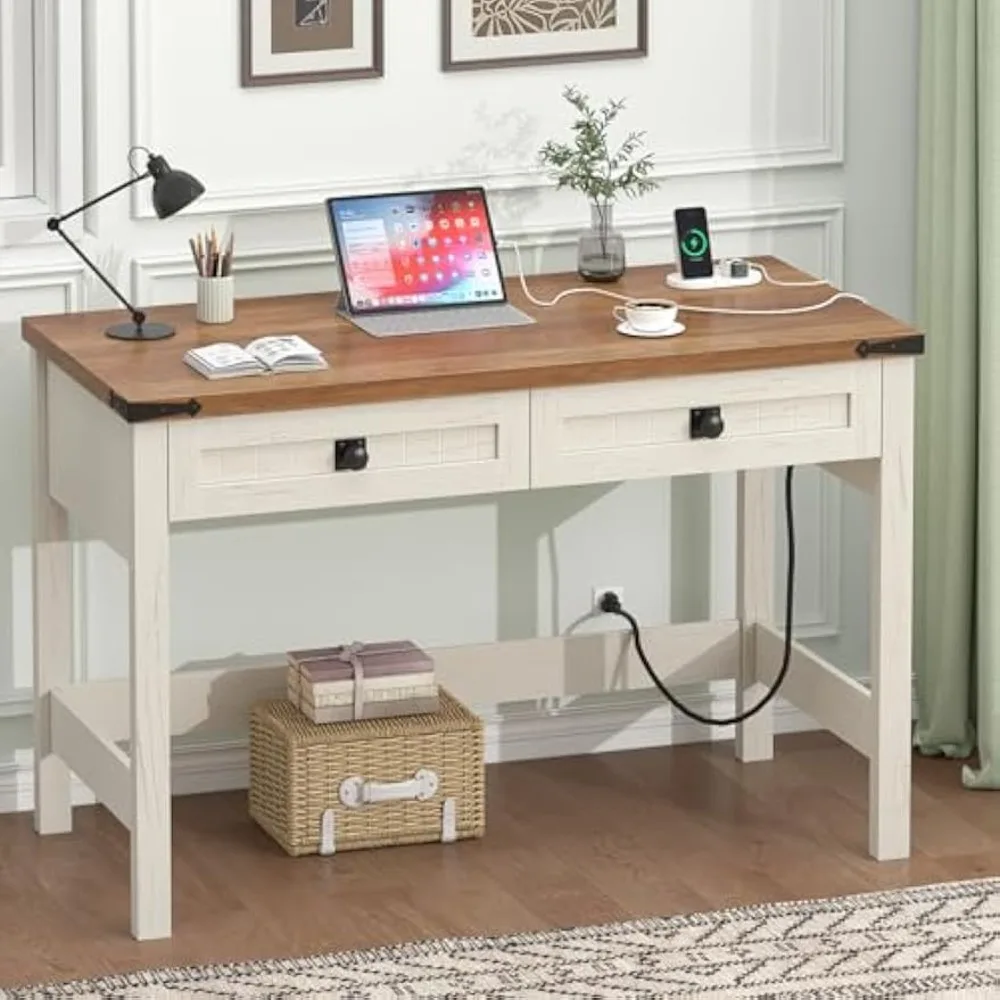 

Farmhouse Computer Desk with 2 Drawers, 39 Inch Small Office Computer Desk with Power Outlets, Compact Writing Study Desk for Sm