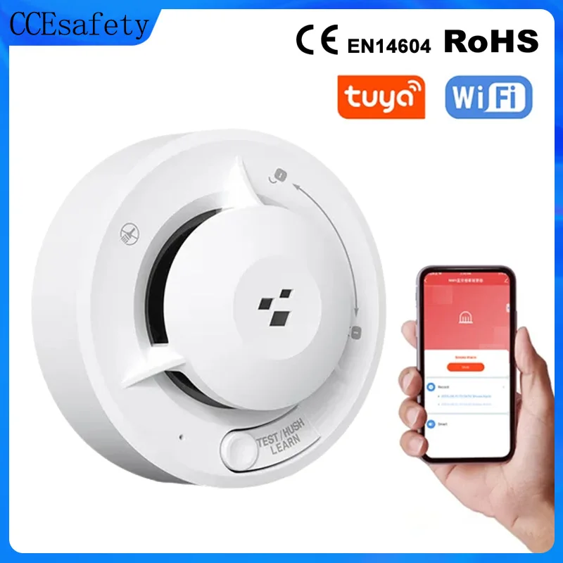 CCEsafety Tuya Wifi Smoke Sensor Smoke detector Battery Powered Tuya APP Real-Time Notification Test Hush Button For Smart Home