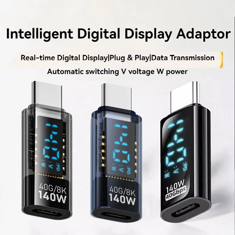 

USB C Adapter Voltage Power Meter with Digital Display USB4 40Gbps 140W Charging Type-C Male to Female Extender for Phone Tablet