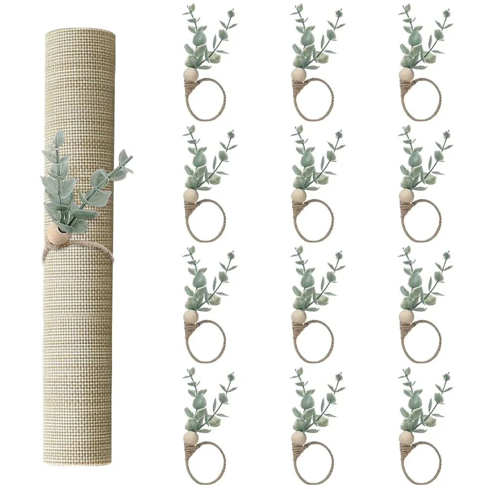 

4/6/12pcs Eucalyptus Napkin Rings Handmade Wooden Beads Home Decor Faux Greenery Napkin Holders for Weddings Party Ornament