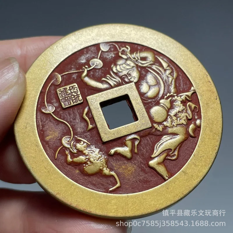 Antique collection: Hairy-bristled golden toad, mountain spirit amulet , cinnabar copper , auspicious coin, home de
