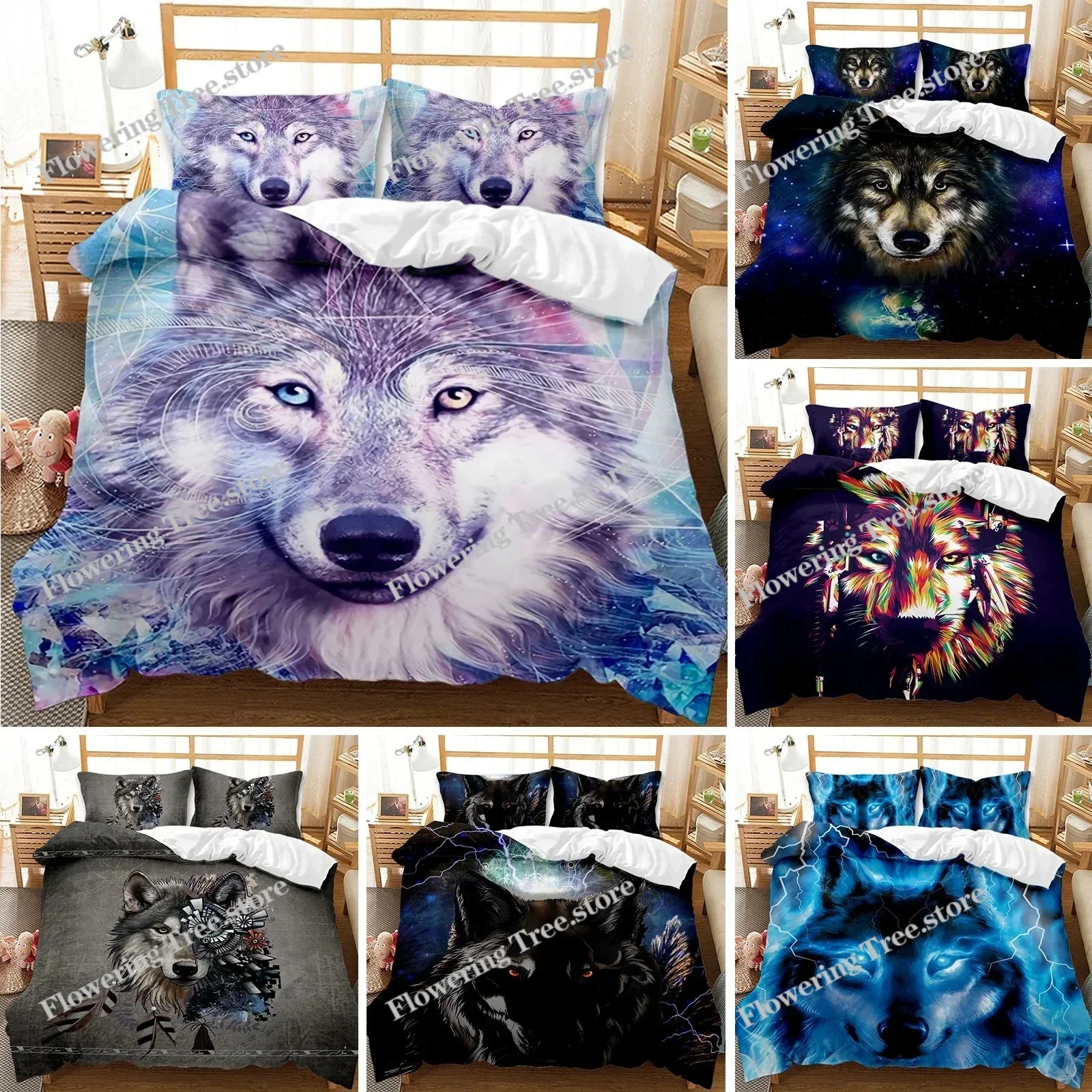 

Wolf Duvet Cover Set Animal Pattern Bedding Set Cool Wildlife Comforter Cover Kids Glitter Blue Wild Wolf Polyester Qulit Cover