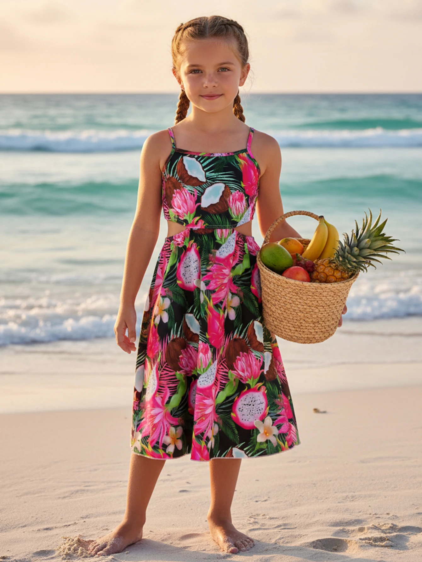 Sommerkleid für Mädchen mit Tropischem Blumendruck, Spaghetti-Trägern, Langes Strandkleid, Boho / Hawaiian Party Kinderkleidung 5-12 Jahre – Detail 1