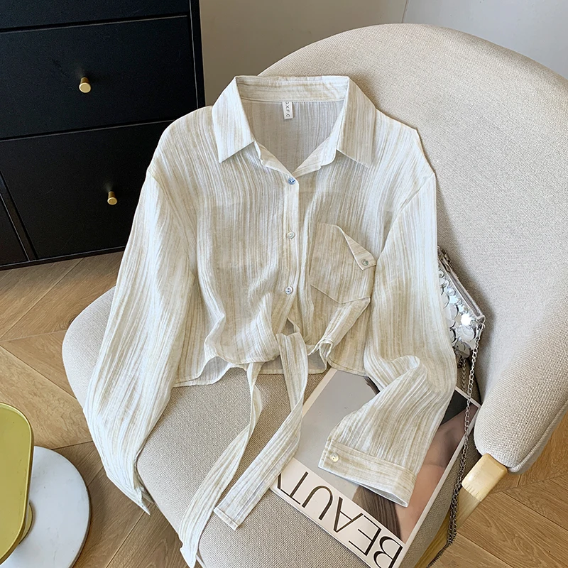 Blusa fina de manga larga con cuello vuelto rosa para mujer, Tops con cordones y una botonadura, camisa de protección solar coreana Chic 2025