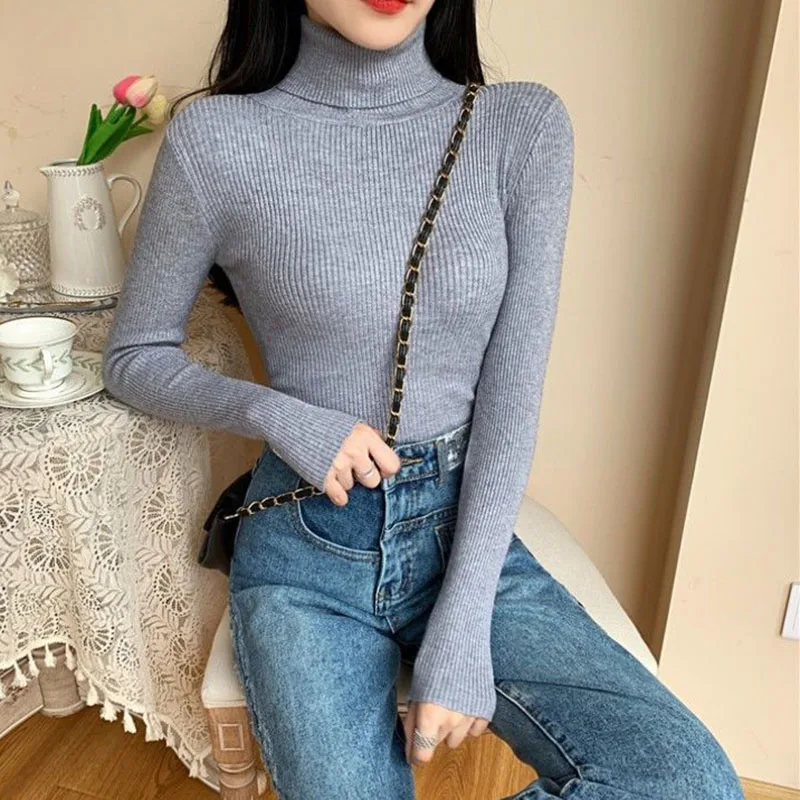 Women Turtleneck Sweater Fashion Knitted Pullovers Winter Basic Long Sleeve Knitwear Ladies Korean Long Sleeve Slim Jumpers Tops