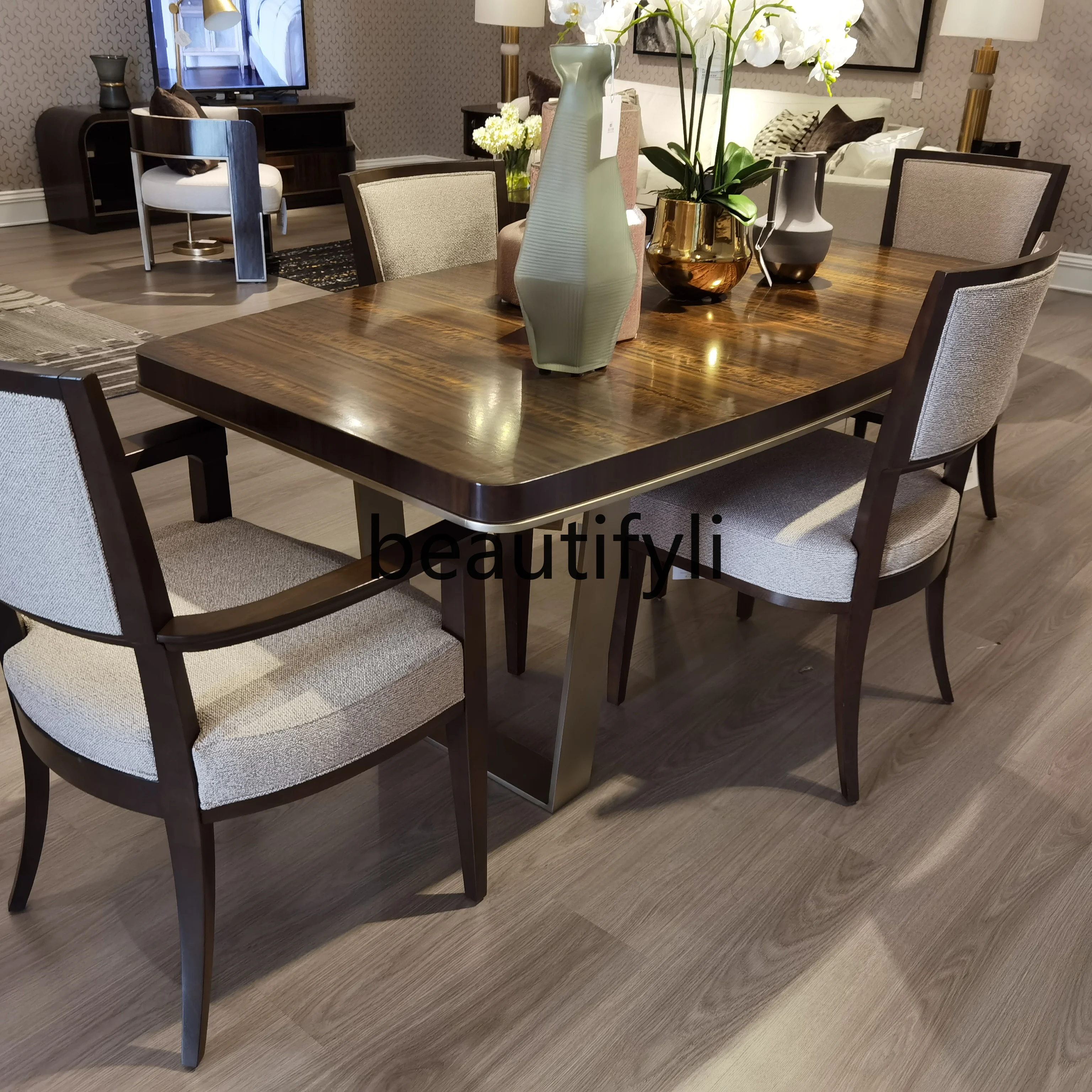 

American rectangular stretch dining table high-end American rural solid wood retro parquet dining table customization