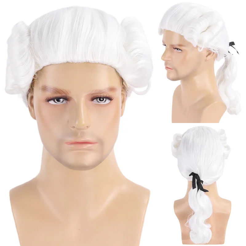 Perruque de cosplay pour homme, noire, blanche, grise et beige, en fibre synthétique haute température, pour juge/avocat