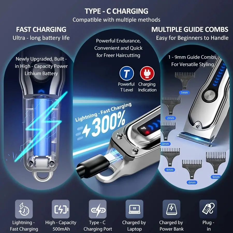 2026 Generation-2, Electric Hair Clipper Mini T-Blade Trimmer Cordless 2 Speed LED Display Men Beard Barber Grooming Shaver view 6