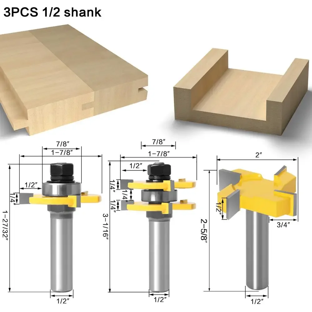 3 ชิ้น/เซ็ต 1/2 "12.7MM 12MM Shank Milling CUTTER ไม้แกะสลักลิ้น & Groove Joint ประกอบ Router Bits 3/4" สต็อก T-Slot Tenon