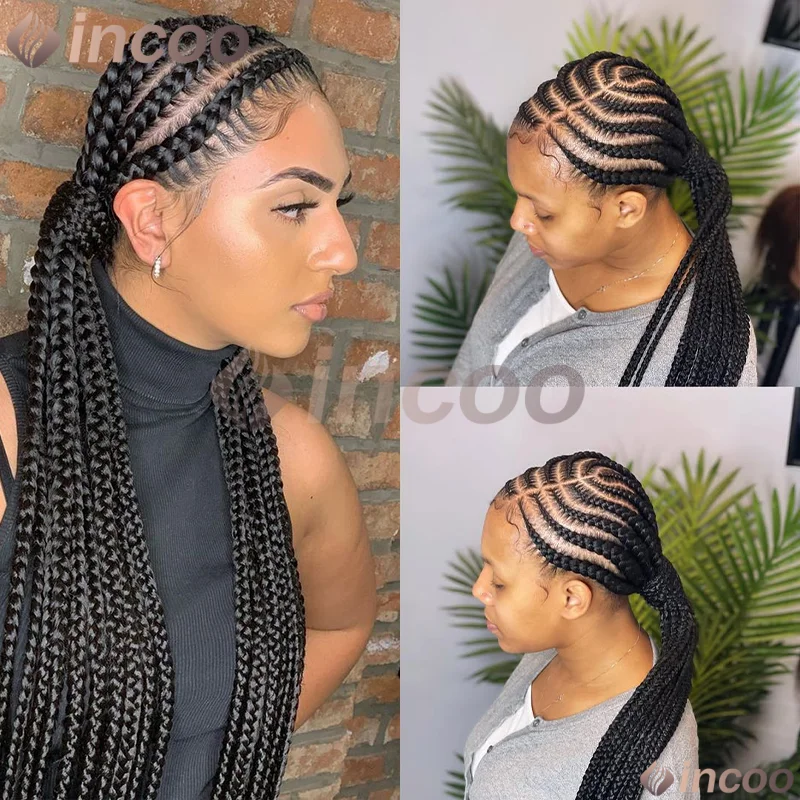 

36" Cornrow Braided Wigs for Black Women Knotless Box Braids Full Lace Front Wig Natural Synthetic Side Part Braided Wigs