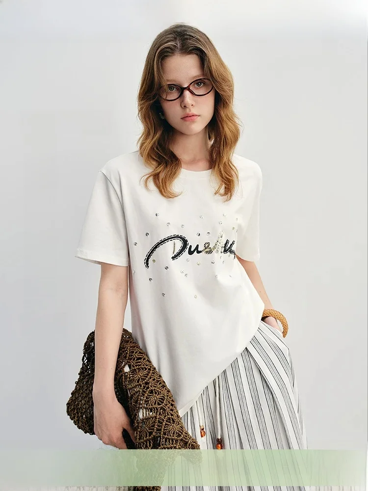 

Loose Fit round Ne ort Sve T-irt Letter Print Embellied Large Size Women's Summer Top Casual Cotton Blend