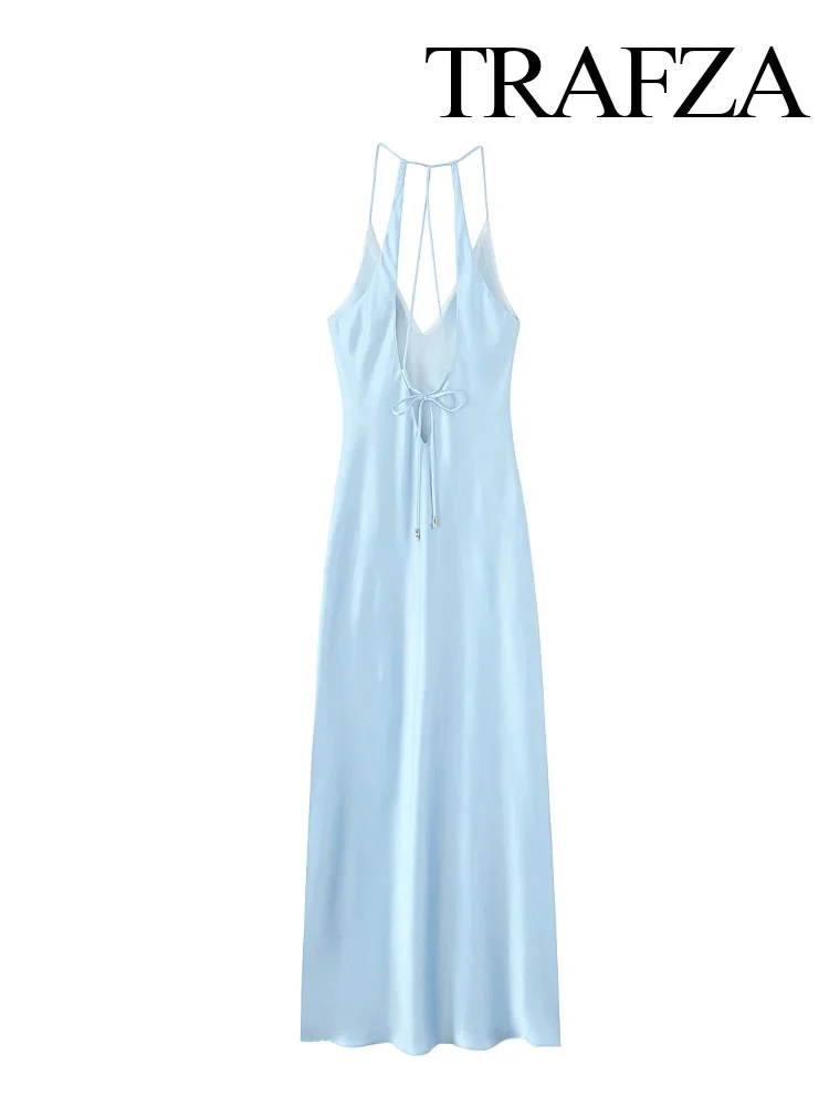 TRAFZA Abito estivo da donna Scollo a V Lingerie Raso di seta Texture Abiti lunghi midi Abito lungo senza maniche sexy elegante femminile