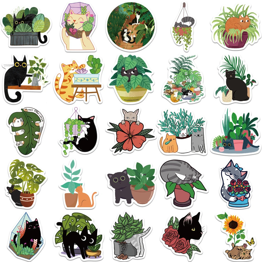 10/30/50PCS Creative Plant And Cat Stickers Cartoon PVC Decal Funny DIY Toy Decoration Phone Suitcase Laptop Fridge Cute Sticker